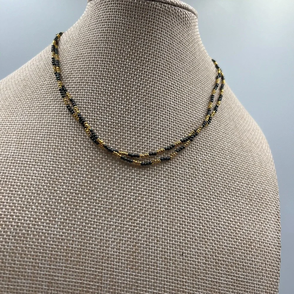 Vintage‎ Black & Gold Seed Bead Necklace Multi Strand Torsade Statement Jewelry